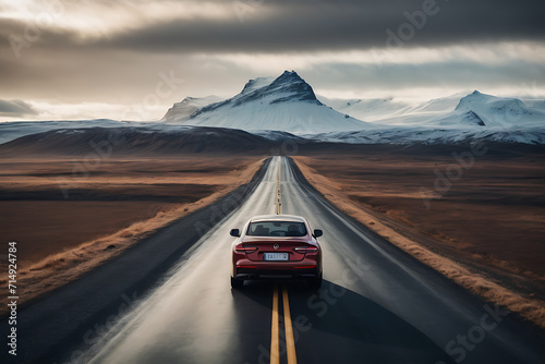 Red Car Driving Down Road With Mountains in Background. Generative AI.