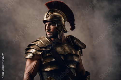 Man Dressed in Roman Gladia Costume Holding Sword in Outdoor Setting. Generative AI. photo