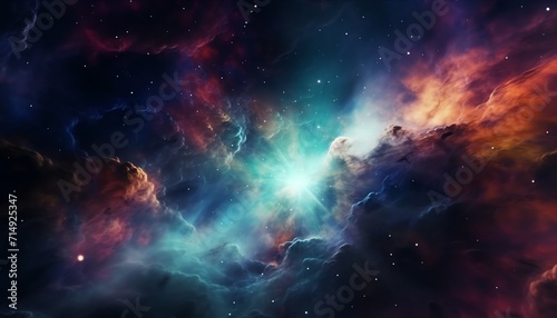 Vibrant cosmic nebula with interstellar clouds of gas and dust in deep space, suitable for backgrounds and wallpapers.