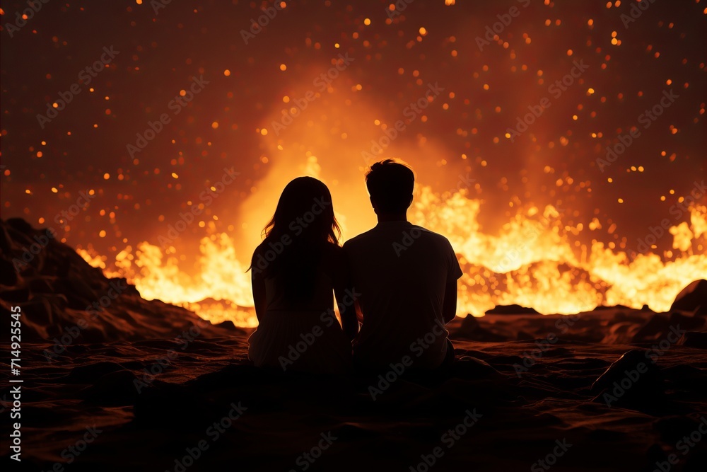 Silhouette of romantic couple sitting on the sand and looking at the fire