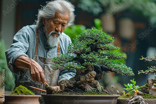 Indian bonsai artist cultivating and shaping