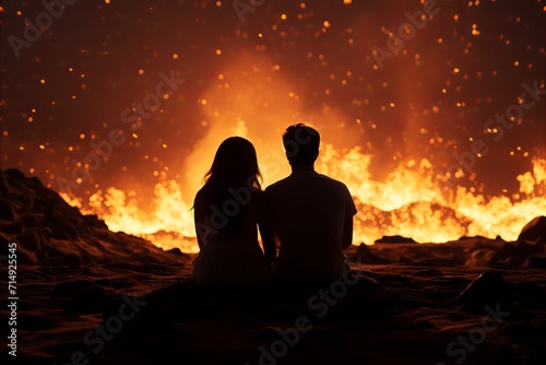 Silhouette of romantic couple sitting on the sand and looking at the fire