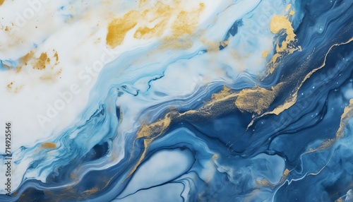 Abstract blue and gold marble texture, fluid art painting background.