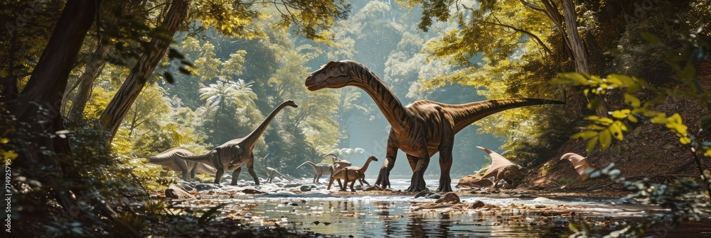 Obraz premium variety of dinosaurs coexist near serene stream in a sunlit, verdant Jurassic forest environment