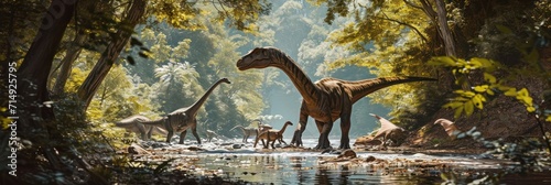 variety of dinosaurs coexist near serene stream in a sunlit  verdant Jurassic forest environment