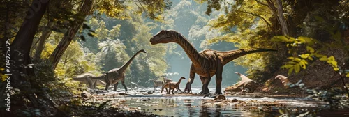 Obraz variety of dinosaurs coexist near serene stream in a sunlit, verdant Jurassic forest environment