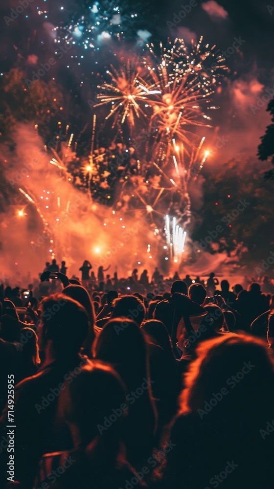 Enthralled spectators gaze at a stunning fireworks show amidst a smoky night sky