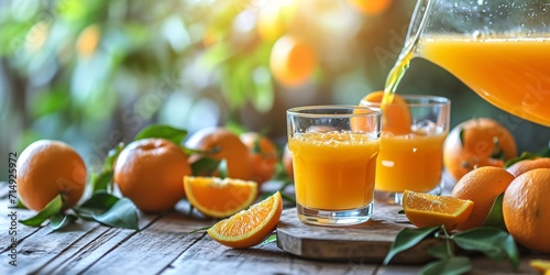 Filling a glass with orange juice on a wooden table in an orange orchard. photo