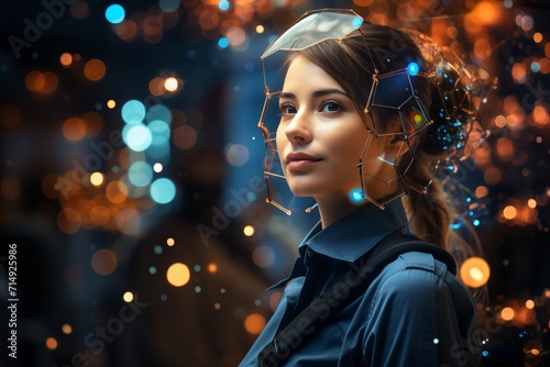 beautiful young woman in futuristic costume with glowing lights on her head
