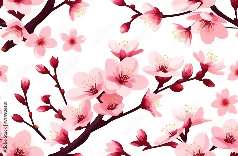 Cherry blossoms flowers in blooming on branch on pink background. Spring and romantic Sakura, apple tree. White isolated background Cherry blossoms flowers in blooming on branch on pink background. Spring and romantic Sakura, apple tree. White isolated background