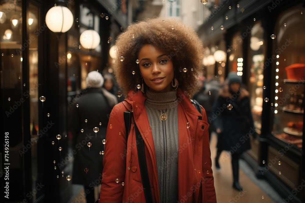 Beautiful african american woman with afro hairstyle in red coat walking in city.