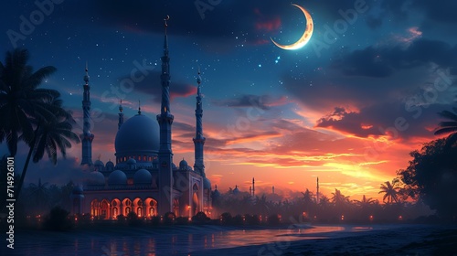 Ramadan Kareem's background with mosque and moon. 3d rendering photo