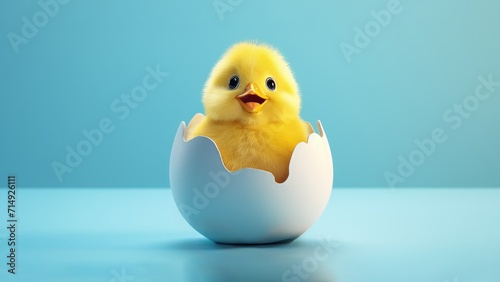 A small chicken in an eggshell on a blue background 