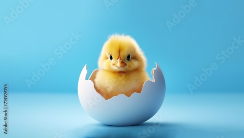 A small chicken in an eggshell on a blue background 