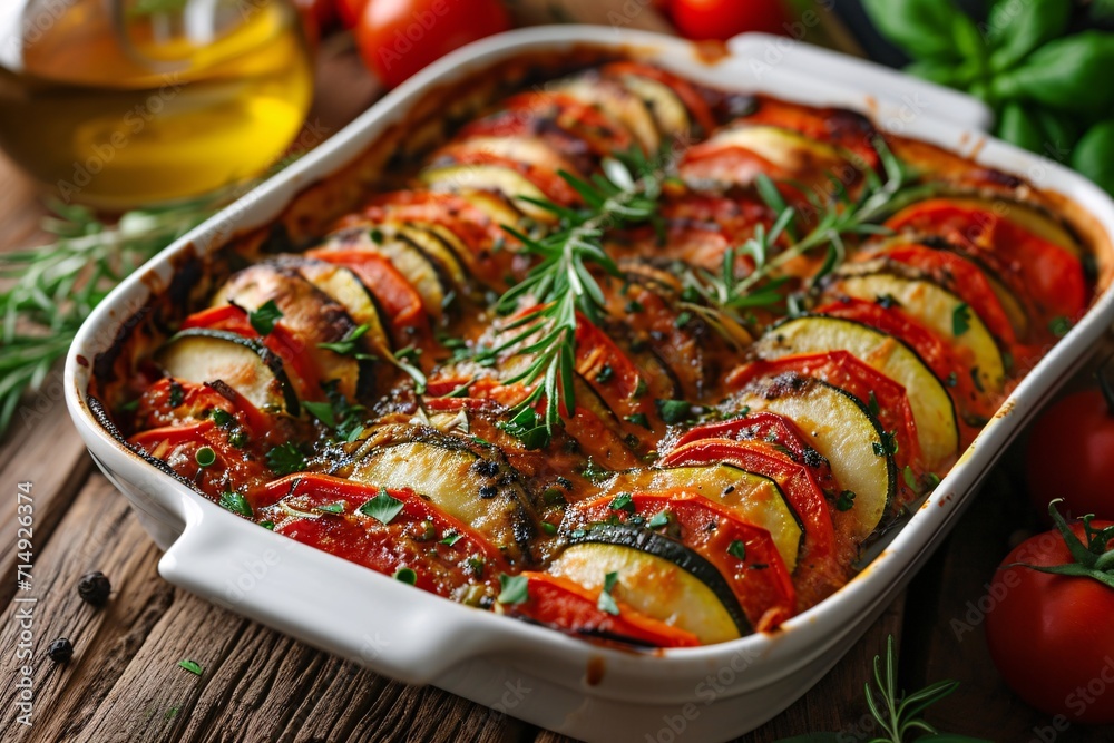 A vegan-friendly Provencal vegetable casserole, perfect for a menu or banner. A vegan-friendly Provencal vegetable casserole, perfect for a menu or banner.