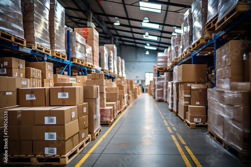 a huge warehouse of a transport company with high racks, parcel loaders work in the warehouse © anwel