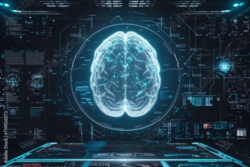 A futuristic brain image with a blue background Generative AI photo