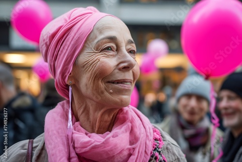 A woman with a pink headscarf and pink balloons Generative AI