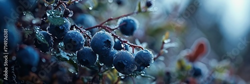 Deep blue tones of ripe blueberries laden with water droplets in a cool  misty atmosphere
