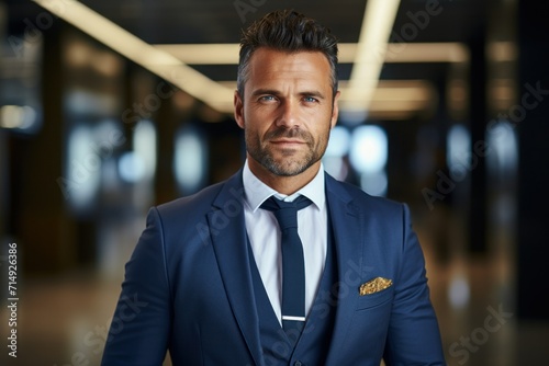 Confident Businessman in Elegant Blue Suit and Tie 