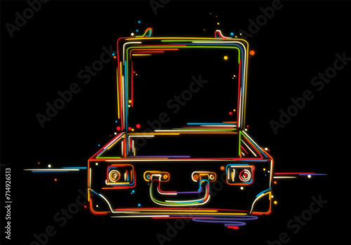 Colorful open suitcase, luggage sketch. Hand drawn vector illustration in colors over black background