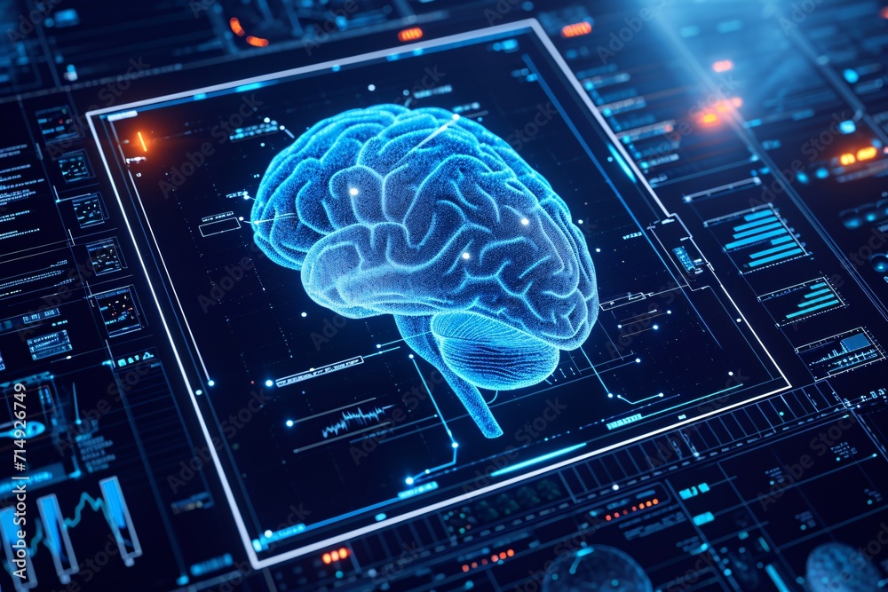 A 3D Brain Diagram with Blue Lights Generative AI - obrazy, fototapety, plakaty 