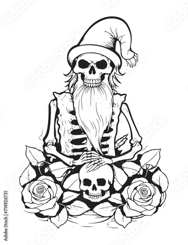 Horror gnome vector doodle illustration, coloring page for adults