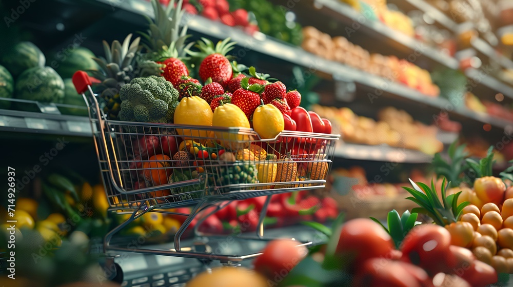 Shopping cart full of fresh fruits and vegetables on the supermarket shelves
