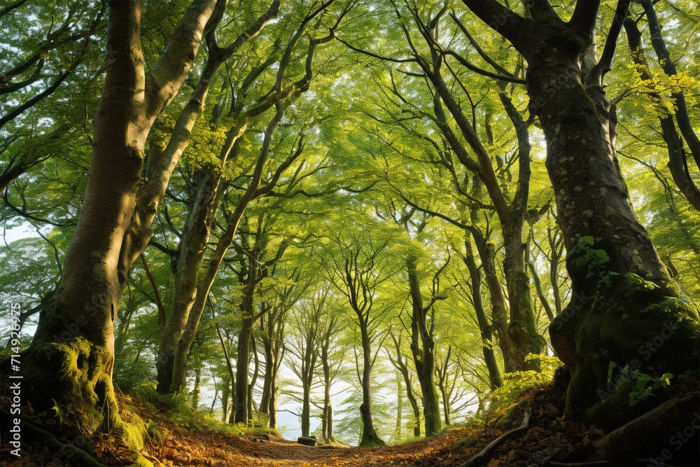 Fototapeta premium Beech trees seen from the forest floor
