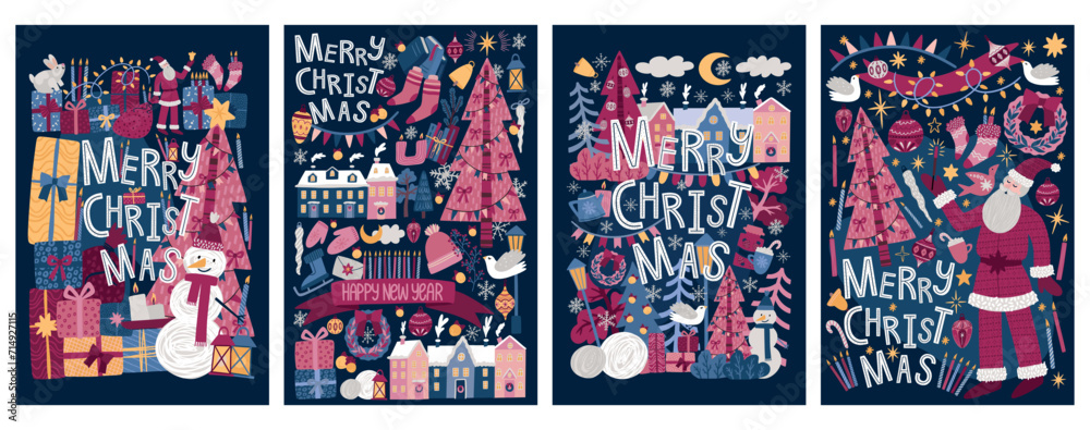 New year cards. Merry Christmas pattern with winter tree and happy doodle animals, Santa Claus and snow man, abstract ornaments. Holidays banners or greeting posters set. Vector illustration