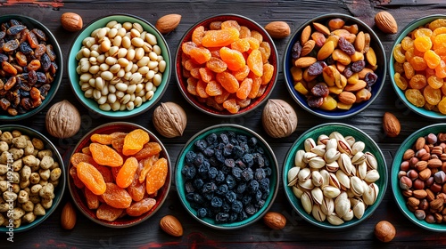 Mix of dried fruits and nuts in bowls on dark wooden background, top view