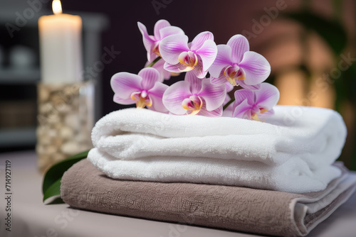 Experience serenity in this spa setting, where the massage table with soft towels and delicate flowers offers a peaceful escape for wellness and rejuvenation.