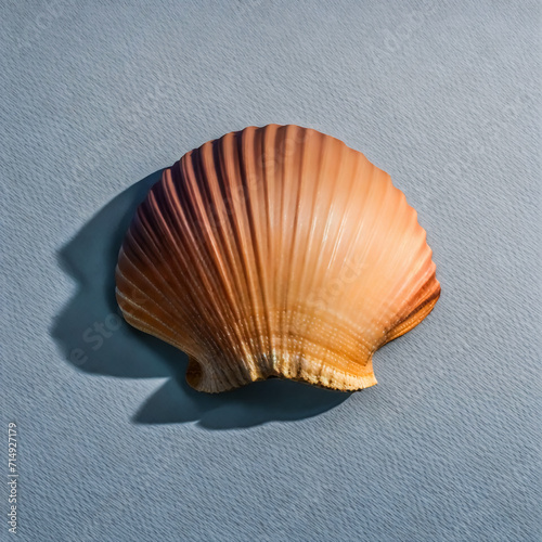 Brown seashell on a blue leather background 