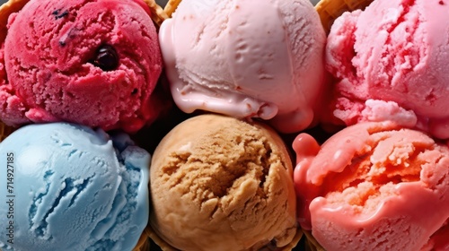 Gelato ice cream scoops of different flavor, strawberry orange chocolate vanilla mint ice-cream sweet dessert