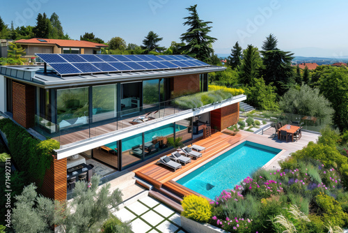 high view of a modern villa with solar panels, big flowers garden, and a pool © Kien