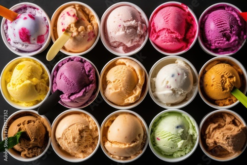 Gelato ice cream scoops of different flavor, strawberry orange chocolate vanilla mint ice-cream sweet dessert