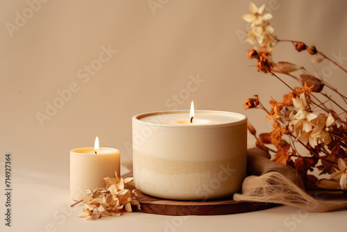 Experience tranquility and comfort with this beautifully arranged vanilla candle, surrounded by autumnal decor on a beige background, perfect for a serene home spa setting.
