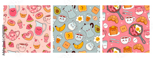 Set of cute seamless patterns with kawaii food for breakfast. Vector graphics.
