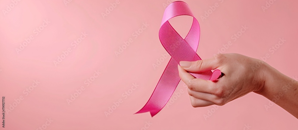 A person holding a pink ribbon. Generative AI