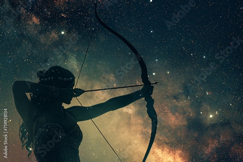 A woman with a bow and arrow in a dark, starry sky Generative AI