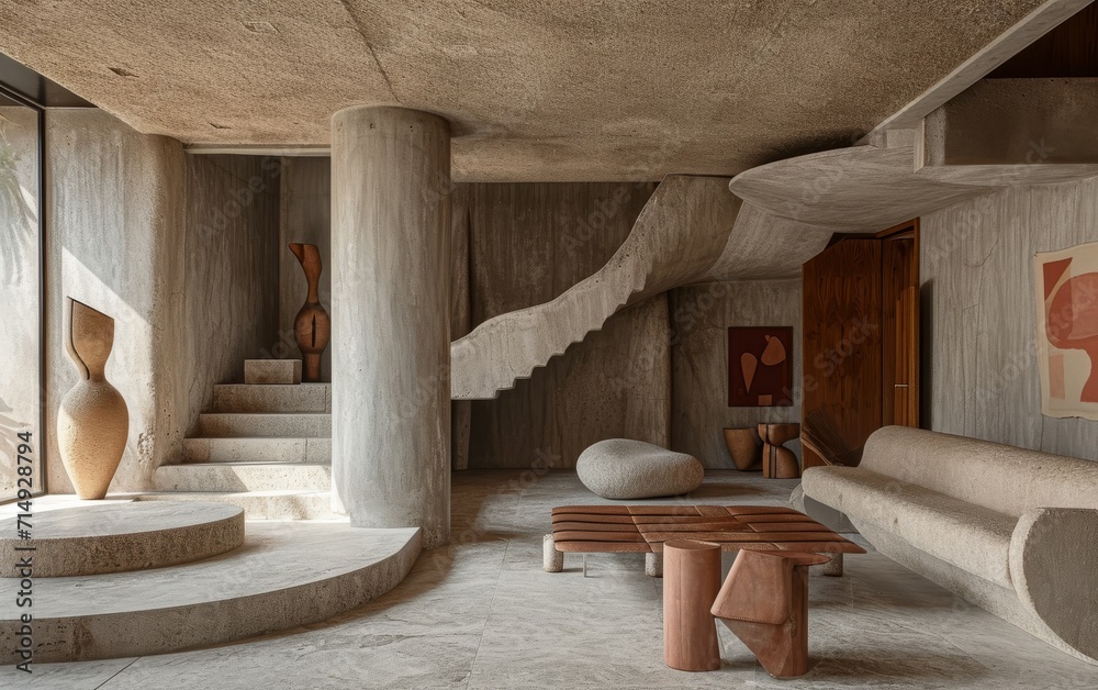An interior in which concrete metal and bronze materials .