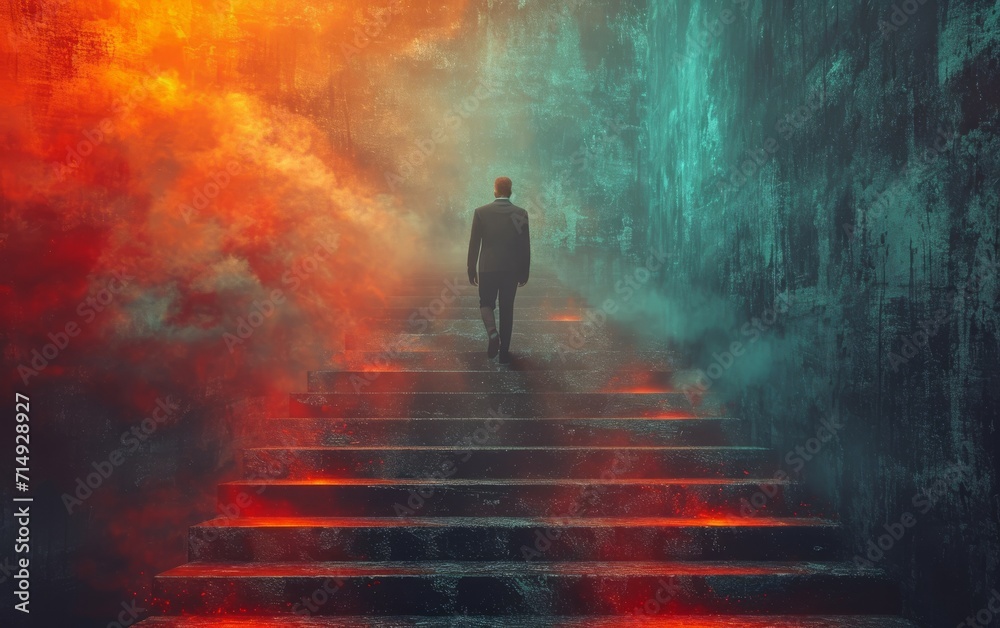 Businessman climbing stairs with ambitions concept.