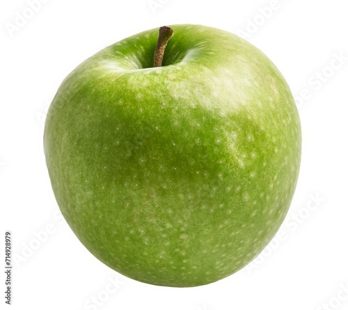 Close-up of a fresh, ripe green apple on a white background, denoting healthy eating and nutrition.
