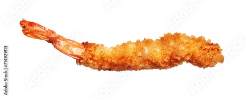 A single crispy tempura shrimp isolated on white background, suggesting a delicious seafood dish.