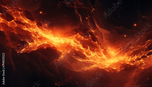 Abstract fiery space background with vibrant orange and red hues resembling cosmic activity or a nebula.