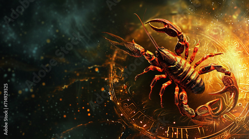 Scorpio depicted with a scorpion ready to strike, set against a mysterious, dark background, Zodiac signs, blurred background, with copy space © Катерина Євтехова