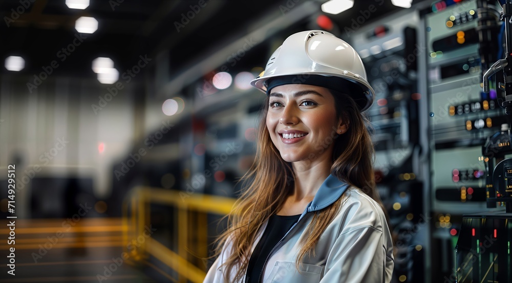 Portrait of a female engineer wearing a hardhat in a factory Portrait of a female engineer wearing a hardhat in a factory