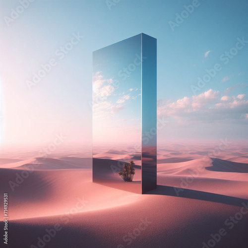 Sunrise and sunset, moon and a frame, a surreal sphere displays desert and ocean views reflecting from the mirror framed in sculpture generated ai © Mst