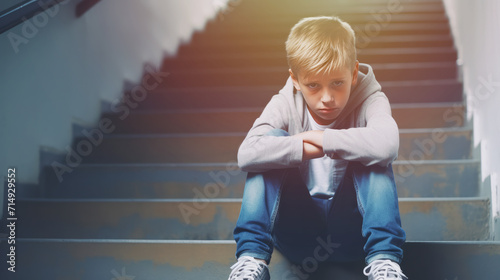 Bullying concept, Depressed boy sitting alone at stairs, Victim of school bullying, Stress and mental problems in childhood photo