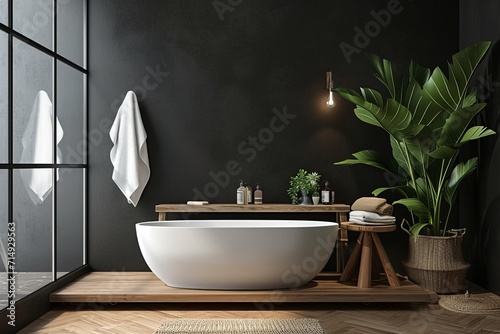 Modern stylish bathroom with white toilet bathtub and dark gray walls in a minimalist style at simple apartment of hotel room or spa center. Interior design concept